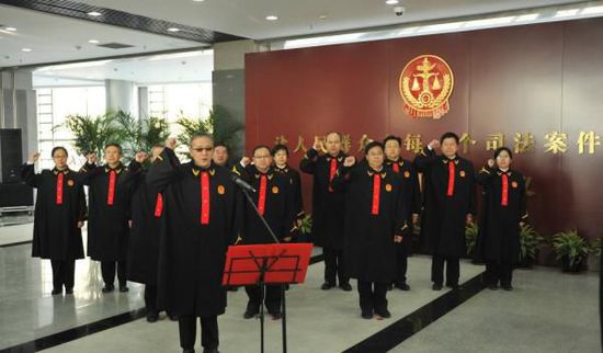 最高人民法院第二巡回法庭全体法官身着法官袍,高举右手,面对国旗庄严